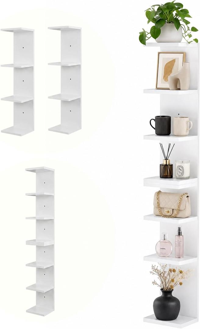 Boswillon 7 Tier Floating Wall Shelf Unit, Tall Lack Display Shelf, White | 4-Tier Set of 2, Narrow Storage Shelving, Vertical Wall-Mount Shelf for Vanity Bedroom Living Room Decor, 35.9 x 7.9 x 7.9"