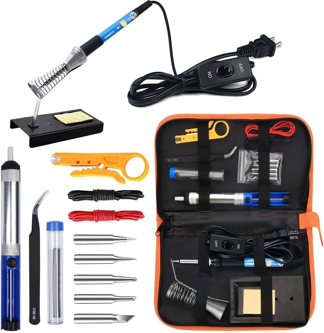 ANBES Soldering Iron Kit Electronics, 60W Adjustable Temperature Welding Tool, 5pcs Soldering Tips, Desoldering Pump, Soldering Iron Stand, Tweezers (Orange)