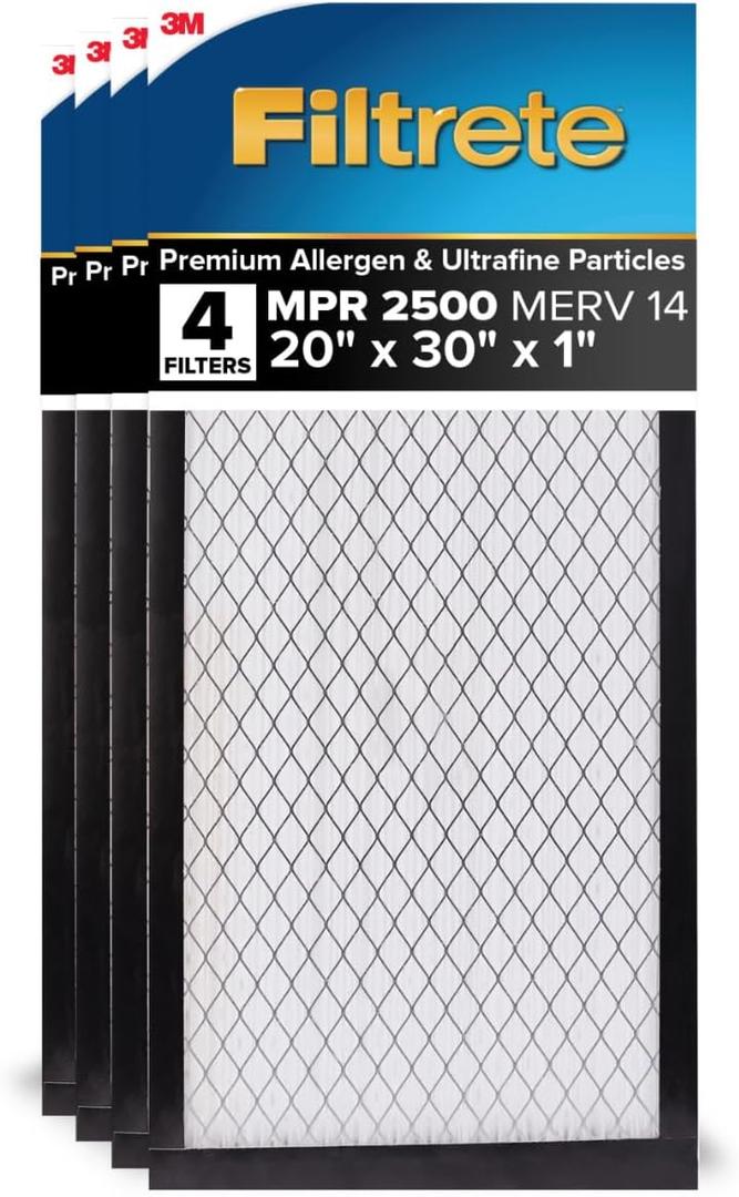 Filtrete 20x30x1 AC Furnace Air Filter, MERV 14, MPR 2500, High Performance Premium Allergen, Ultrafine Particles, Bacteria & Virus Filter, CERTIFIED Asthma & Allergy Friendly, 4-Pack