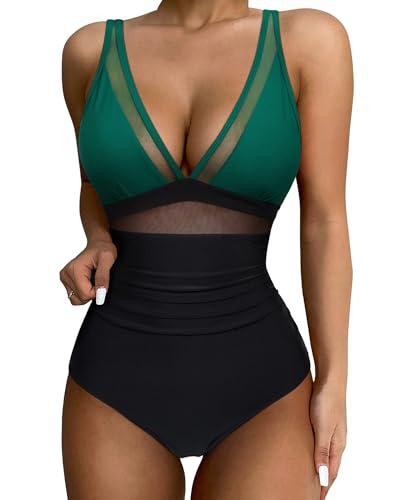 SUUKSESS Women Slimming Tummy Control One Piece Swimsuits Sexy Mesh High Waisted Monokini Bathing Suits (Green Black, XL)