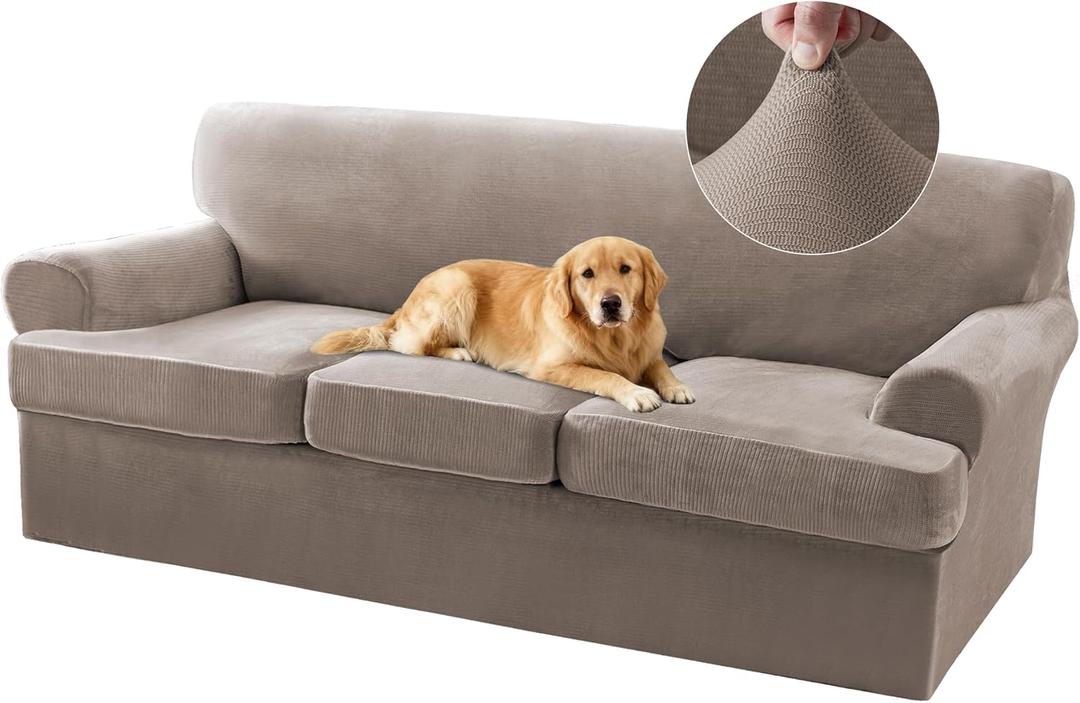 Turquoize T Cushion Sofa Slipcover 4 Piece Sofa Covers for 3 Cushion Couch Thick Velvet Couch Cover Stretch Furniture Covers with 3 Individual T Cushion Covers, Washable (3 Cushion Sofa, Taupe)