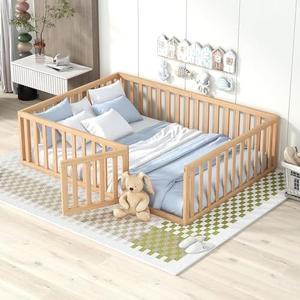 Harper & Bright Designs Full Size Wood Floor Bed Frame for Girls/Boys with Safety Guardrails and Door, Montessori Floor Bed for Kids, Natural