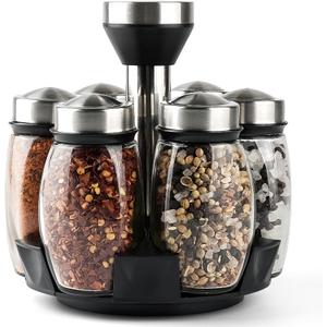 Mlici 6PC Spinning Glass Spice Jars - 360 Rotating Spice Rack Organizer with Jars, Stainless Steel Revolving Seasoning Holder Jars for Countertop Cabinet Kitchen Spices Cruets
