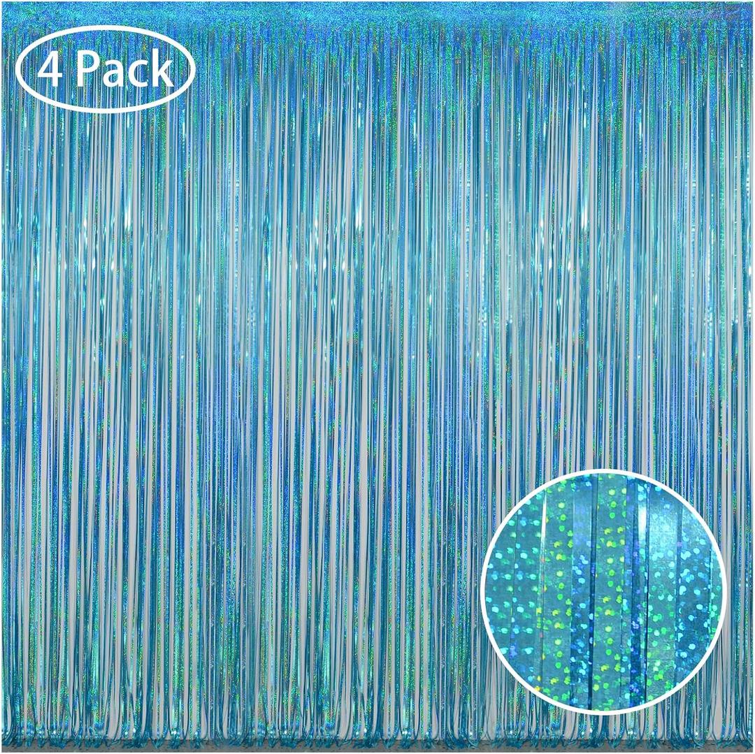 Melsan Blue Tinsel Curtain Party Decorations - 3.2ft X 8ft Foil Curtain Party Decor Photo Streamers Backdrop for Baby Shower, Ocean Theme Birthday Party Decorations - Pack of 4