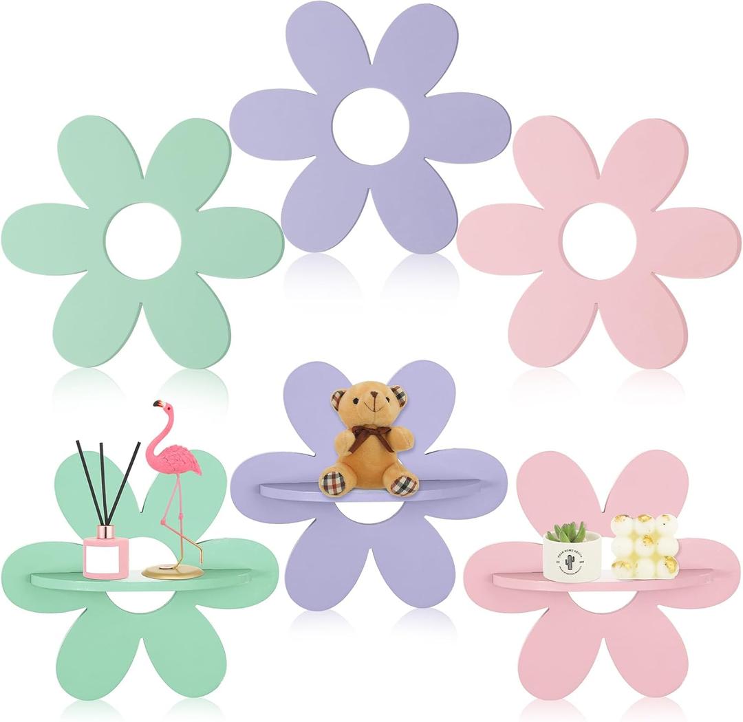 Tatuo 6 Pcs Daisy Flower Plant Wall Shelf Wooden Wall Sign, Cute Small Floating Shelves for Display Shelf for Bedroom Bathroom Living Room Funky Maximalist Kawaii Preppy Room Decor for Girl