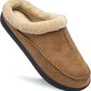 Ranberone Men's Moccasin Slippers Faux Leather Memory Foam House Shoes with Fleece Fuzzy Lined for Indoor Outdoor Size 13-14 Brown