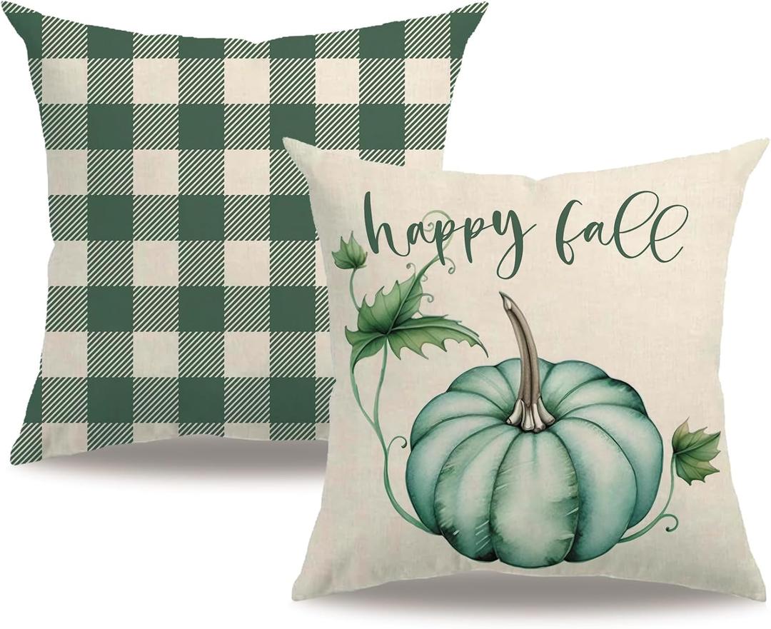 Fall Decorative Throw Pillow Covers,Autumn Pumpkin and Buffalo Check Plaid Design 18x18 Inch Cushion Cases 2Pack Happy Fall Harvest Farmhouse Home Pillowcases for Autumn Thanksgiving(Blue/Green)