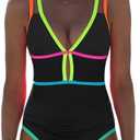 popvil Women One Piece Swimsuit 2025 Tummy Control Sexy Cutout Neon Color Block Bathing Suit Deep V Neck Adjustable Swimwear, Large
