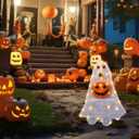 Retisee Lighted Halloween Ghost Dog Puppy with Pumpkin Outdoor Decoration Pre-lit 2D Tinsel Spooky Ghost Dog Halloween Lighted-up Party Courtyard Porch Garden Lawn Display Decor, Not Include Battery