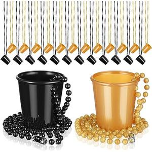 Dandat 24 Pcs Shot Glass on Beaded Necklace Graduation Accessories Disposable Mini Plastic Shot Cups for Graduation Party Accessories Bachelorette Birthday Wedding Festival Party Favor(Black, Gold)