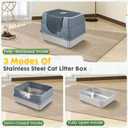 Stainless Steel Litter Box with Lid,Side Entry Large Litter Box,Enclosed High Sided Litter Boxes with High Sided Enclosure&Scoop,Anti-Urine Leakage Non-Sticky for Kitty&Medium Cats(Grey)