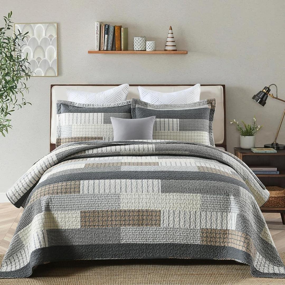Y-PLWOMEN Queen Quilt Bedding Set 100% Cotton Lightweight Quilts Queen Size, Cozy Farmhouse Striped Quilt, Reservible Quilted Bedspread Set for All Season, 3-Pieces