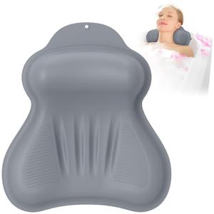 Silicone Bath Pillow, New Material Bath Pillows for Tub Head Neck and Back Support, Bath Tub Pillow with 4D Press Inflatable Airbag and Non-Slip Strong Suction Cups, Quick-Drying, Easy to Store, Gray