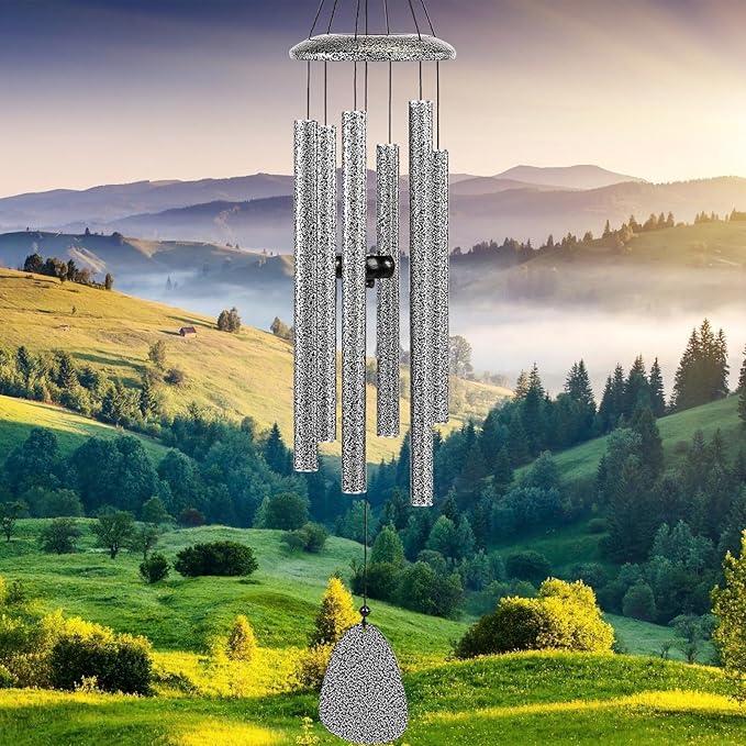 FSVGYY WindChimesOutdoorDeepTone, Large Soothing Melodic Tones Windchimes, Wind Chimes for Outside, Memorial Wind Chime Best Gift for Mom Women Grandma Neighbors(32" Silver Coated Aluminum)