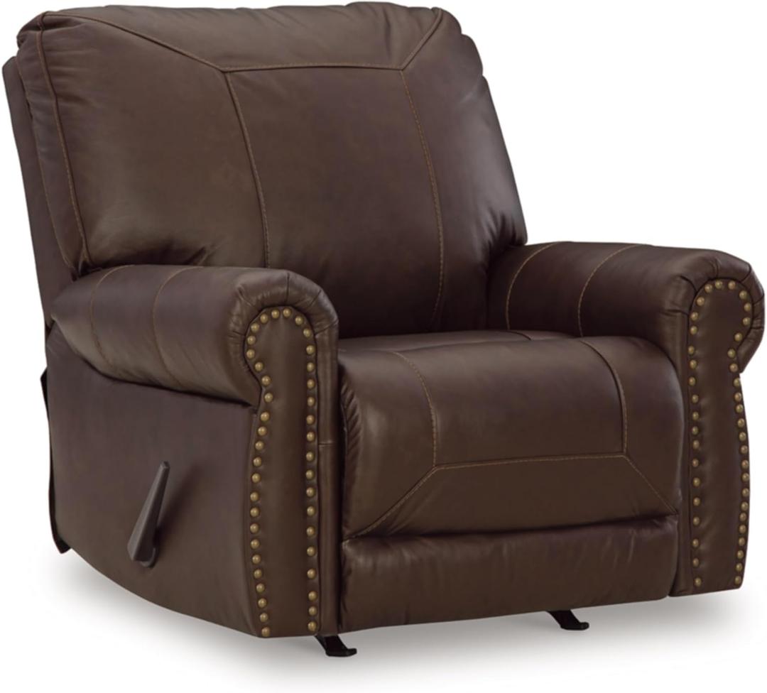 Signature Design by Ashley Colleton Classic Leather Match Upholstered Manual Recliner with Nailheads, Dark Brown