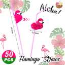 Taiyin 50 Pcs Hawaiian Coconut Cups with Flamingo Straws for Luau Party, 9.5 inches