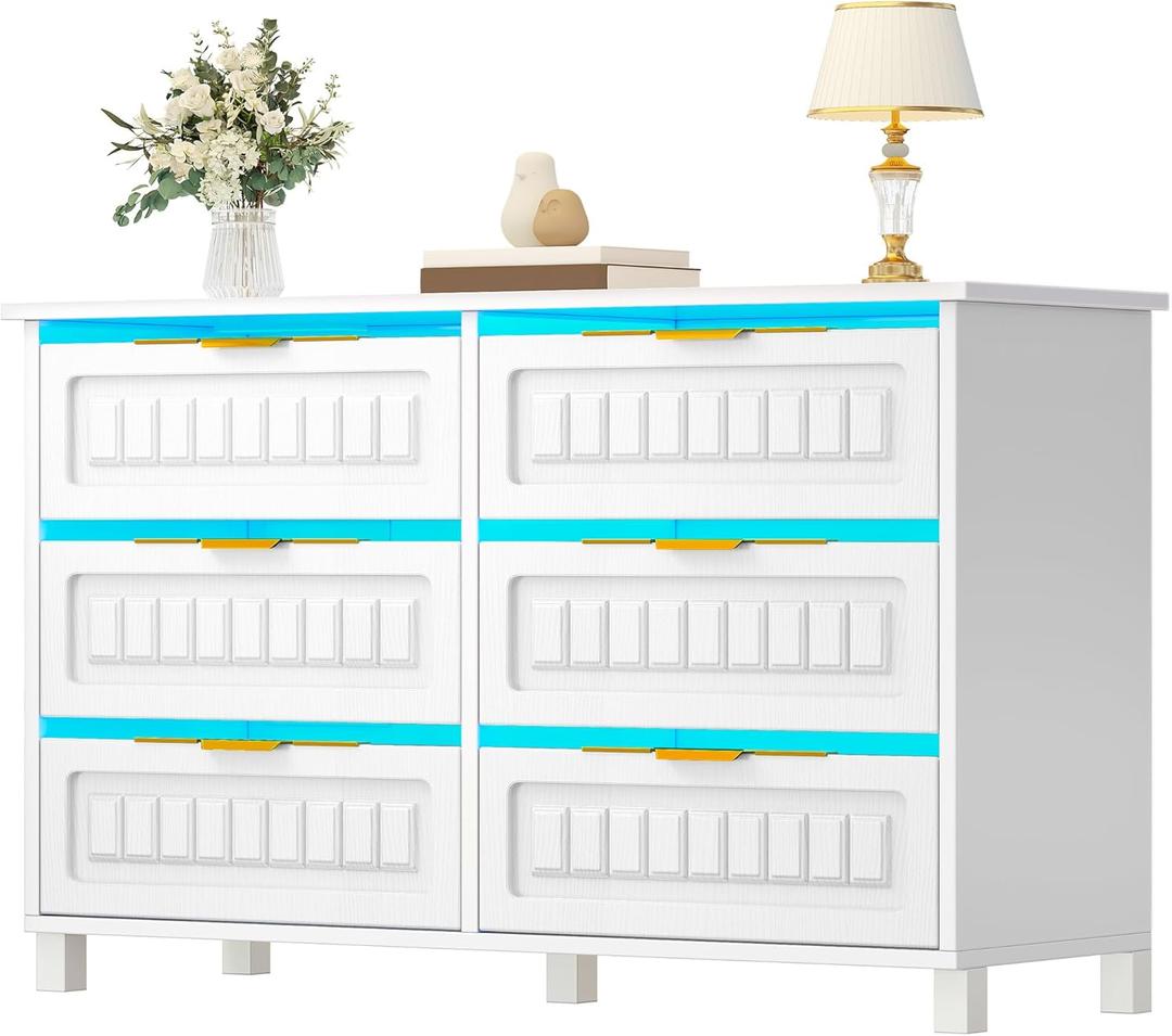 DWVO 6-Drawer Dresser, White Wood Dresser with Charging Station and LED RGB Light, Chest of Drawers Storage Organizer TV Stand for 60'' TV, Living Room, Closet, Entryway