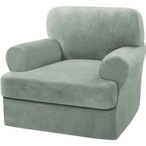 H.VERSAILTEX Sofa Cover 2 Piece T Cushion Armchair Slipcovers Thick Velvet Couch Cover Stretch T Cushion Sofa Covers for 1 Cushion Couch with 1 Individual T Cushion Covers Washable, Sea Grass