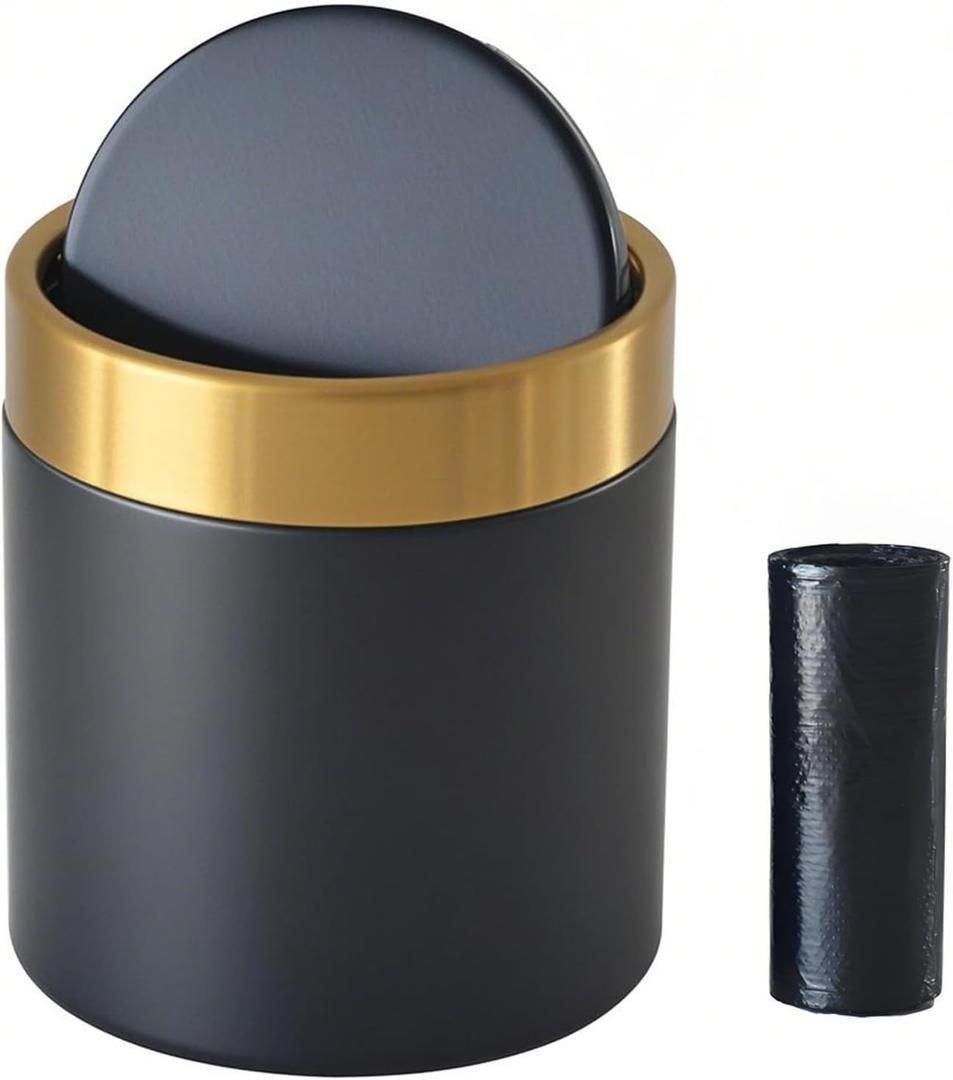 Mini Trash Can with Lid, 1.5 Liter / 0.4 Gallon Small Metal Desk Garbage Bin for Countertop, Coffee Bar, Vanity  Black