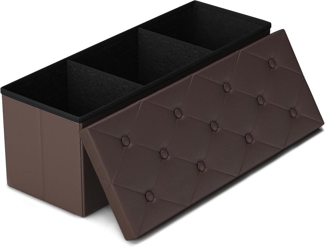 GLAXYFUR Storage Ottoman Bench, 43 Inches Folding Ottoman with 2 Dividers, PU Leather Foot Rest, End of Bed Bench, Storage Chest for Living Room, Bedroom and Entryway, Brown, 43"D x 15"W x 15"H