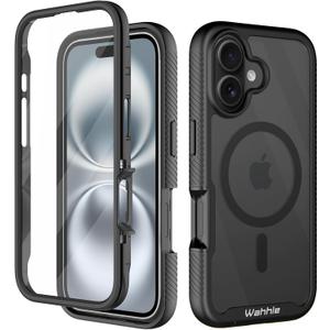 wahhle Compatible with iPhone 16 Case, Magnetic Built in Screen Protector Full Body Shockproof Slim Fit Bumper Protective Phone Cover 6.1'' Men Women-Black/Clear