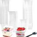 100 Pack 8OZ Plastic 50Pcs Square Dessert Cups with Lids and 50Pcs Spoons,Square Ice Cream Container with Forks, Disposable Parfait Cups for Mousse Cupcake Pudding Snacks Yogurt Parfait Fruits50Sets
