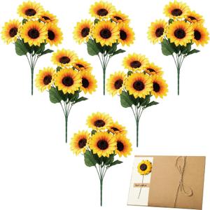 6 Pack Artificial Sunflower with Stem and Big Head Fake Silk Flowers Bulk + Greeting Cards, Faux Sunflower Bouquet for Birthday Gift, Mother's Day Decor