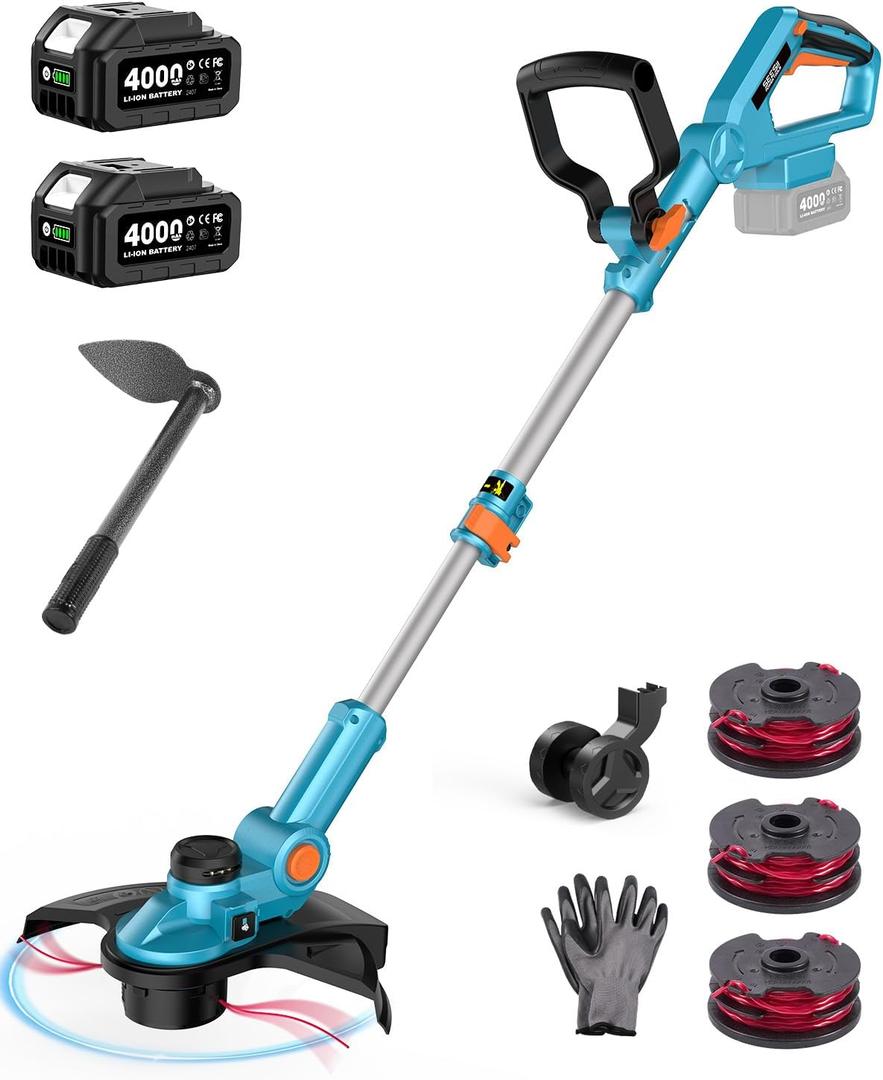 SEESII String Trimmer, 13" Electric Weed Wacker with 240000mAh Batteries and Charger, 21V Brushless Weed Eater with Telescopic Pole(42"-56"), Auto-Feed, Lightweight Cordless Edger for Yard/Lawn