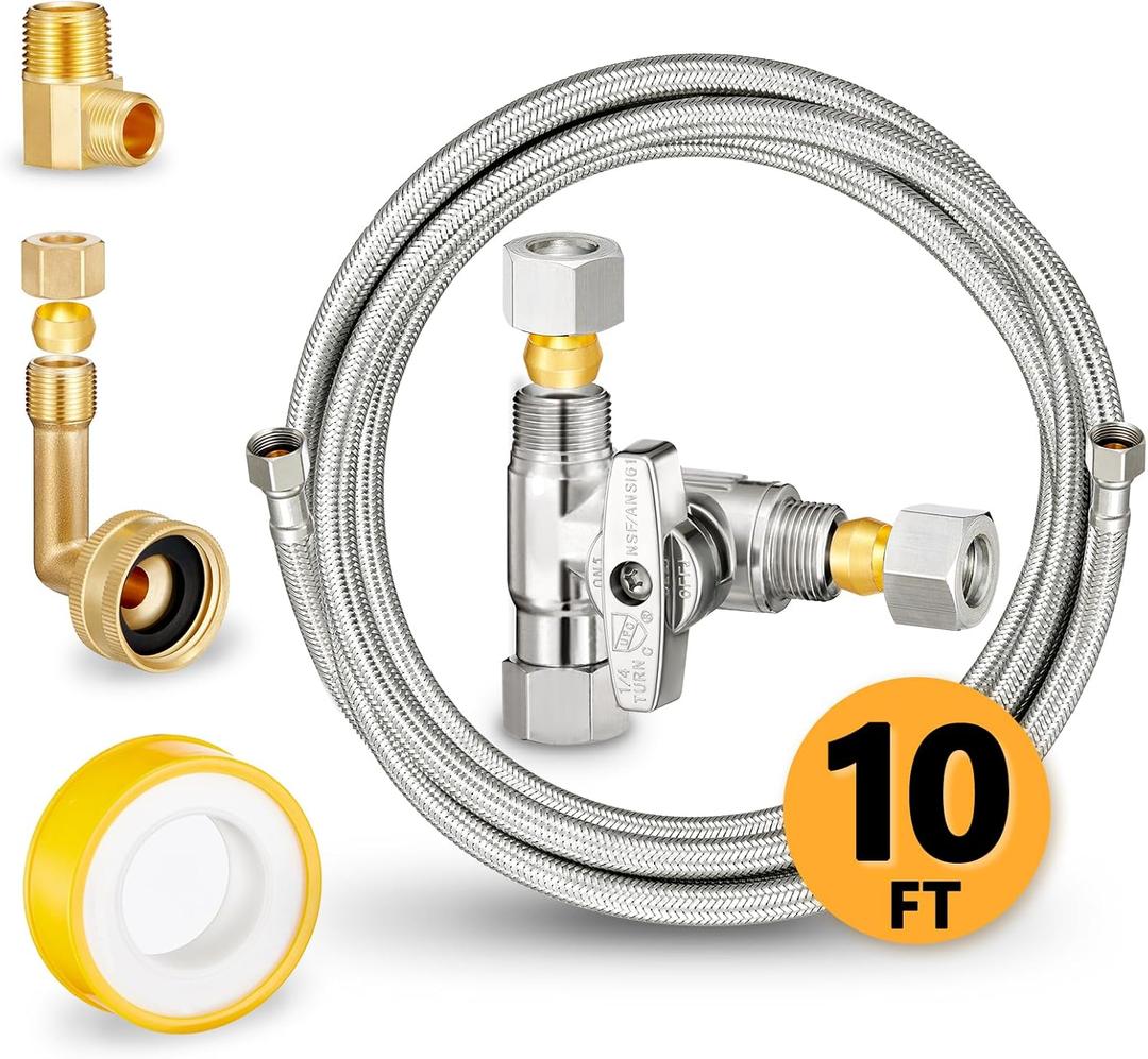 Dishwasher Hose Installation Kit - Includes Water Supply Line, 3/8" Compression Water Line Splitter, 3/4" FHT Elbow, and 3/8" MIP Elbow (10 FT)