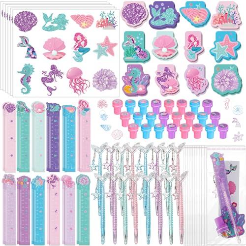 Pajean 144 Pcs Mermaid Party Favors for Goodie Gift Bags Mermaid Theme Birthday Decorations Include Mini Notebooks Stickers Pens Stamps Goodie Bag Boys Girls Kids Ocean Party Classroom Prize Supplies