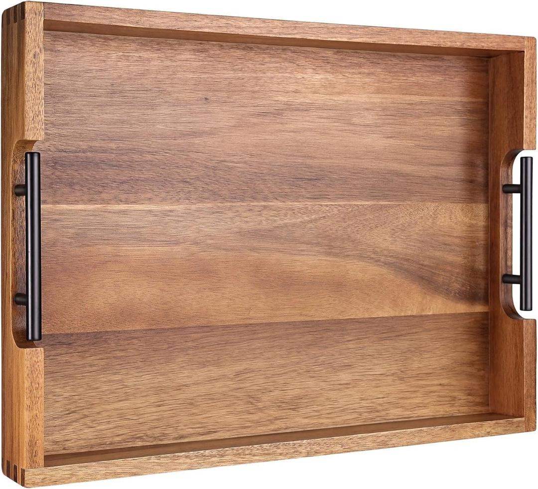 Joy&Grace Ottoman Tray for Living Room 16.7 x 12.8 inch Large Acacia Wooden Serving Tray with Handles for Coffee Table, Breakfast in Bed, Food Dinner, Decorative Rectangular Tray (Color Natural)