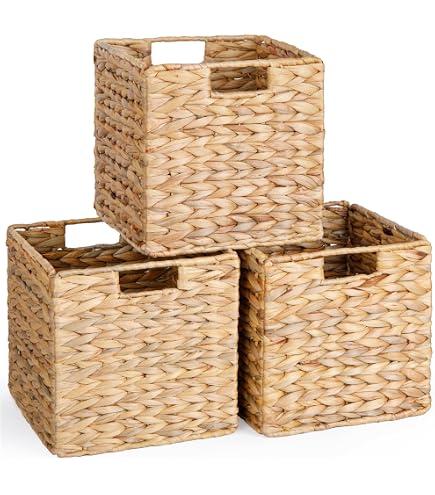 12 x 10 in Water Hyacinth Storage Baskets, Wicker Storage Baskets for Shelves, Foldable Square Bins for IKEA Kallax Set of 3, Large Cubby Rattan Basket, Wicker Basket for Organizing