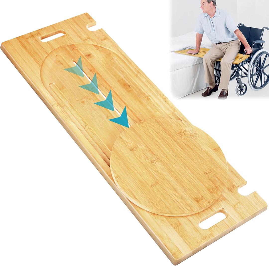 Slide Transfer Board, Wooden Slide Board with Track Pulley Turntable, Holds up to 500 Pounds, Senior and Handicap Move Assist and Slide Transfers, 2 Handles, 2 Fixed Holes, 2 Anti-Slip Stickers