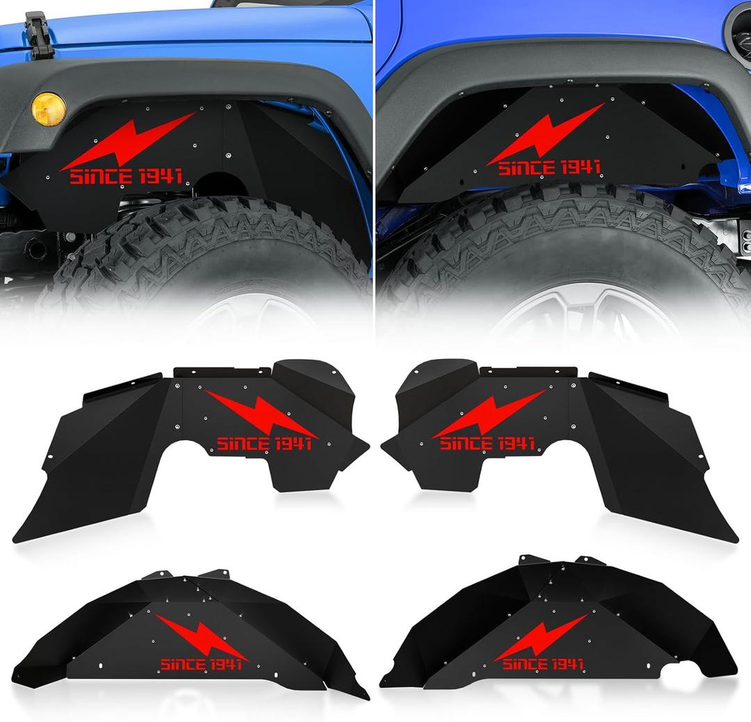 for Wrangler JK Front and Rear Inner Fender Liners Compatible with 2007-2018 Jeep Wrangler JK & JKU 2/4 Doors, Lightning Style Steel Back Wheel Well Cover Mud Guards Fender Flare Liners (4 PCS)