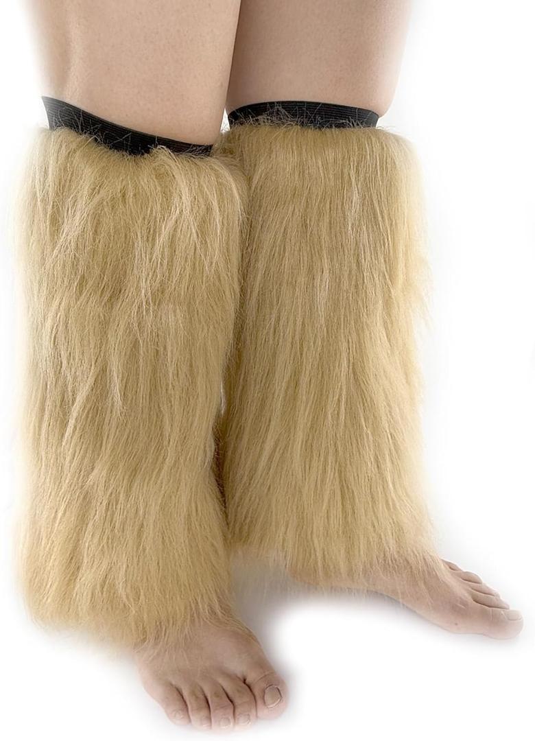 FHQHTH Fuzzy Faux Fur Leg Warmers Fur Heels Long Boots Cuff Cover has Elasticity One Pair Dionysia Boot cover Carnival 18" (Deep Beige)