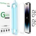 amFilm 2 Pack Tempered Glass Screen Protector + Camera Lens Protector for iPhone 14 Pro Max 6.7 Inch. Easy OneTouch Installation, AutoAlignment, Bubble Free, Case Friendly, AntiScratch