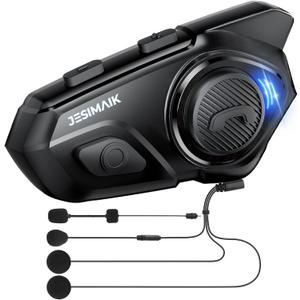 JESIMAIK Motorcycle Helmet Bluetooth Headset, 10 Way 2KM Helmet Communication System, Multitasking Audio Motorcycle Intercom, 2 Mics&40mm Speaker (1 Pack)