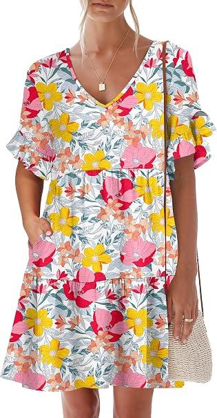 Caracilia Dresses for Women Summer Casual 2026 Ruffle Short Sleeve A Line Tiered Flowy Cute V Neck Mini Beach Dress Pockets Multicolour Floral X-Large