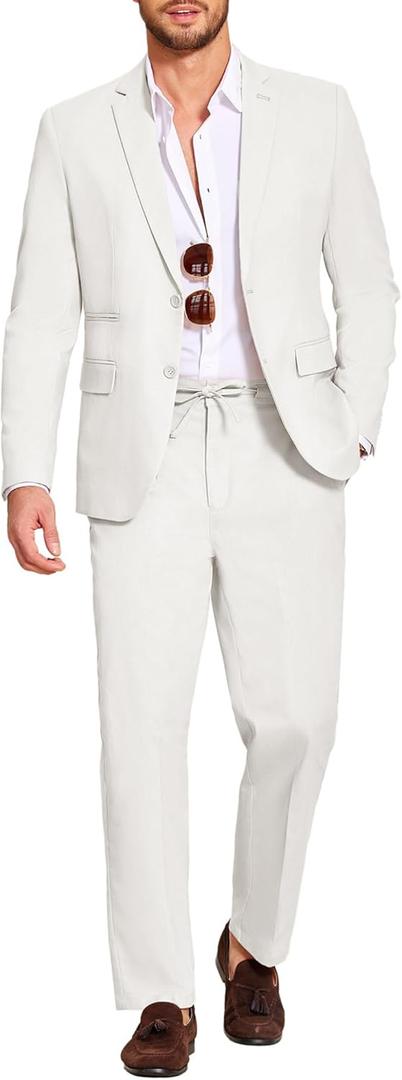 COOFANDY Men's 2 Piece Linen Suits Set Regular Fit Casual Lightweight Blazer Jacket and Pants (Medium, White)