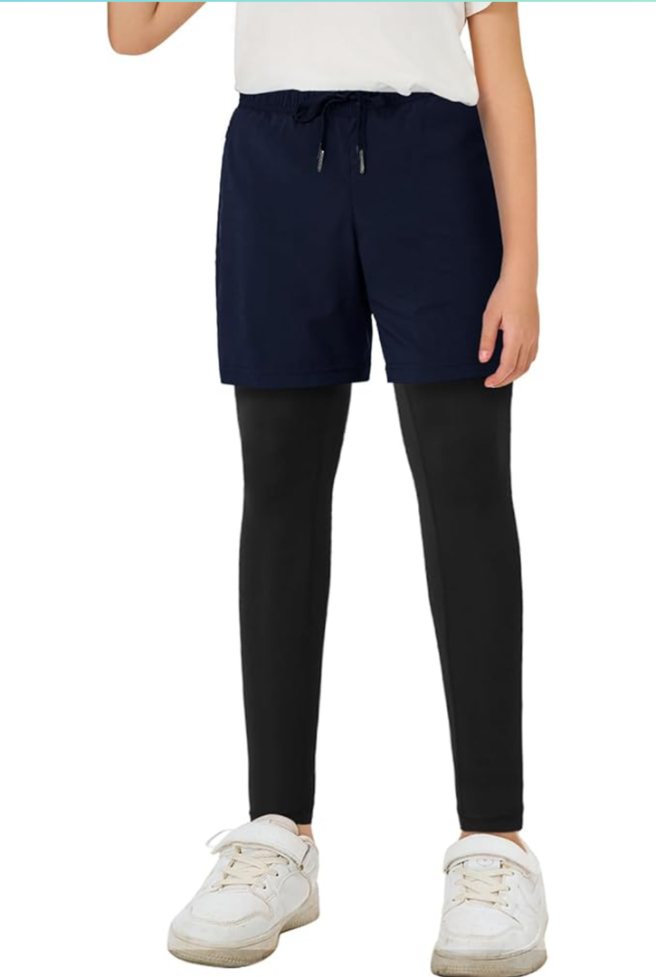 Haloumoning Boys Athletic 2 in 1 Shorts with Leggings Kids Workout Basketball Compression Pants with Zipper Pockets, 150