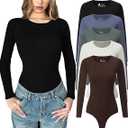 5 Pack Long Sleeve Bodysuit for Women Crew Neck Casual Stretchy Basic T Shirt Body Suits Tops, Size M