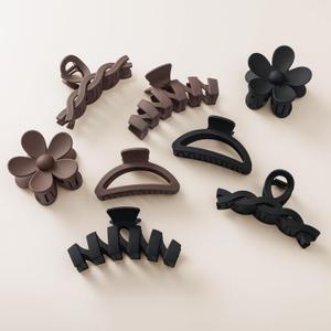 8PCS Hair Clips for Women, Flower Claw Clips for Thick Hair, Non-Slip Hair Accessories with Multi-Styles, Neutral Colors Hair Claw Clips and Variety Pack, Ideal for Girls (8PCS(Dark Brown/Black))