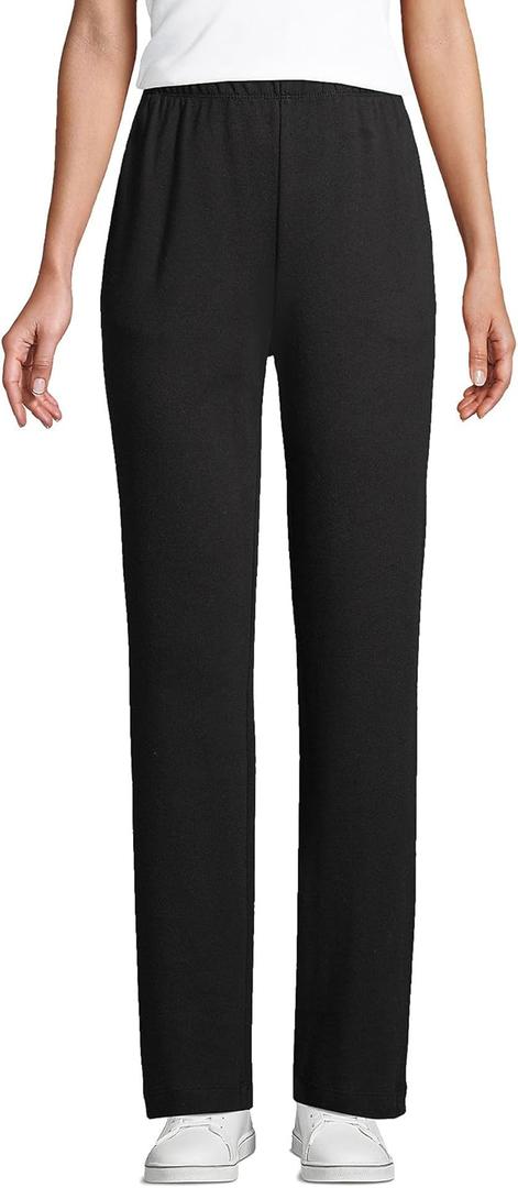 Lands' End Women's Relaxed Fit Sport Knit High Rise Pants - Soft Cotton Pull-On with Elastic Waist (Medium, Black)