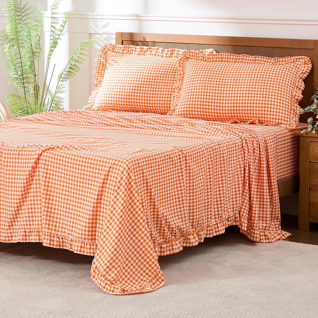 Gingham Queen Sheet Set, Lightweight Super Soft Brushed Microfiber Plaid Fall Bed Sheets with 16" Deep Pocket, 4 Piece Ruffle Farmhouse Bedroom Decor, Orange