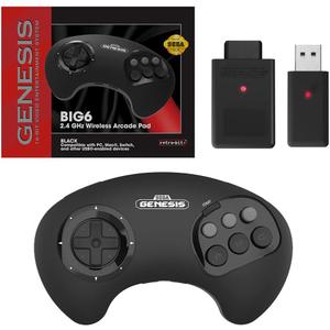 Retro-Bit BIG6 2.4 GHz Sega Genesis Wireless Arcade Controller Pad for Sega Genesis Original/Mini, Switch, PC, Mac - Black