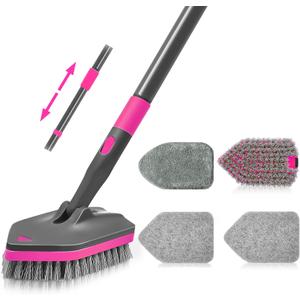 NEWE Shower Cleaner Brush, Tub Tile Scrubber with Telescopic Long Handle 60 inches, 4 Scrub Heads for Cleaning Bathroom Bathtub Floor Baseboard Sink Kitchen Toilet (Grey Red)