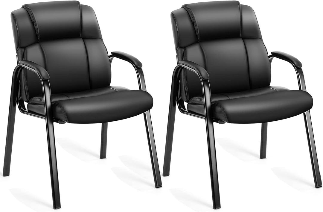 PU Leather Conference Room Chair, Tall Back Chairs with with Padded Arms and No Wheels, Guest Chairs of 2 for Reception Waiting Room Black