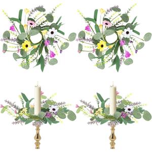 4 PCS Spring Flowers Taper Candle Rings Wreaths 1.38" Mini Spring Summer Floral Taper Candle Holder Wreaths Colorful Artificial Wildflowers Table Centerpieces Wreath for Church Home Wedding Decor