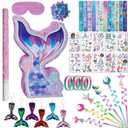 FIGEPO Mermaid Pinata Set Birthday Party Favors for Girl Kids Birthday Themed Party Supplies with Tail Pinata Stickers Slap Bracelet Keychain Silicone Bands and Straws 44 Pack