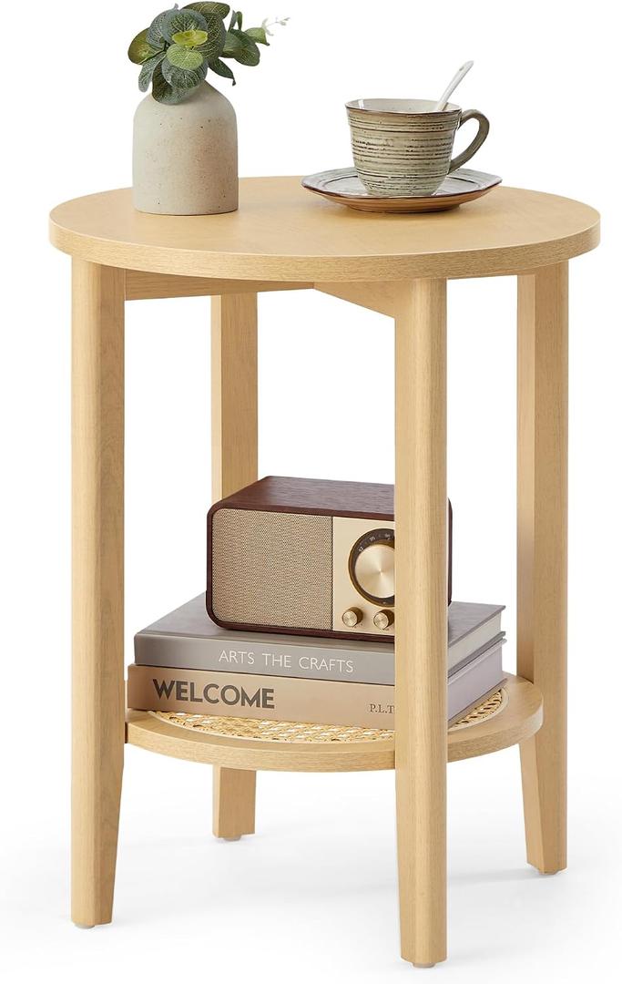 VASAGLE Round Side End Table, 2-Tier Boho Bedside Table with Rattan-Look, 1 Pack